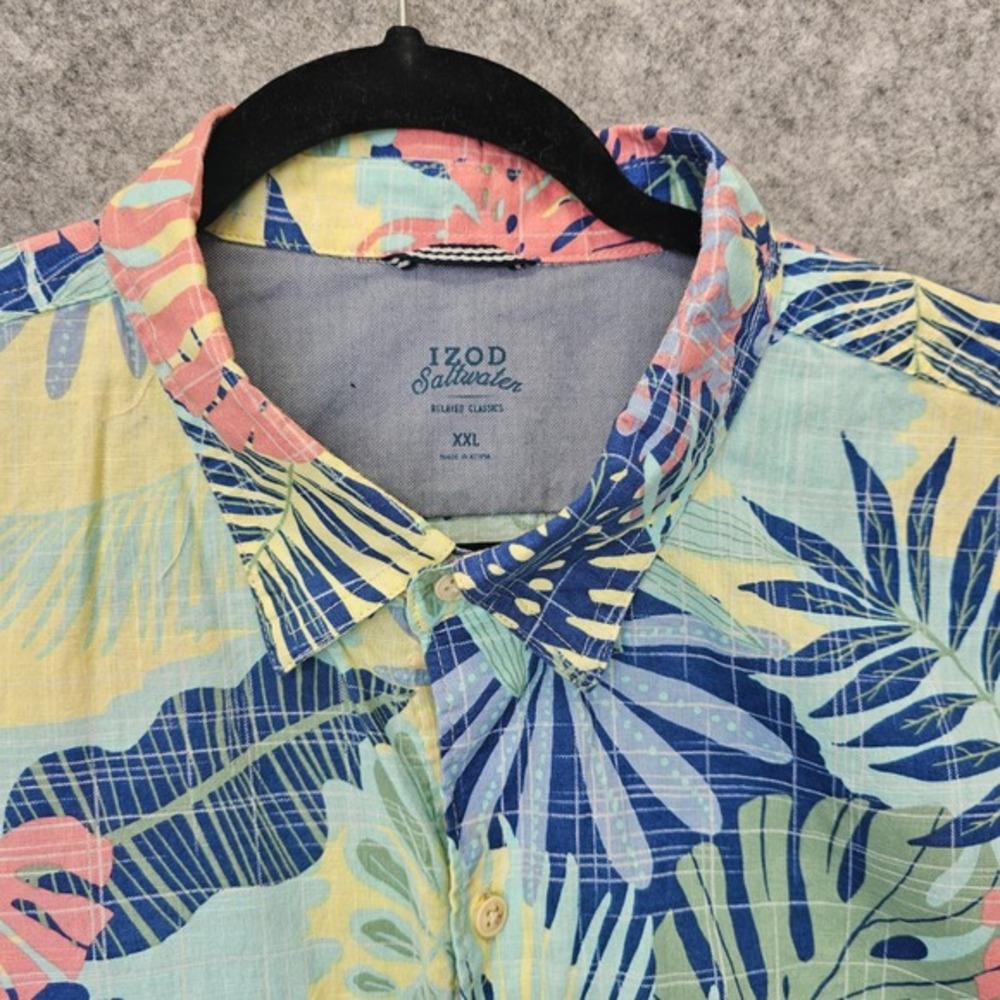 IZOD Saltwater Button Up Shirt Mens 2XL Blue Hawaiian‎ Tropical Aloha Leaf Beach - Picture 6 of 8